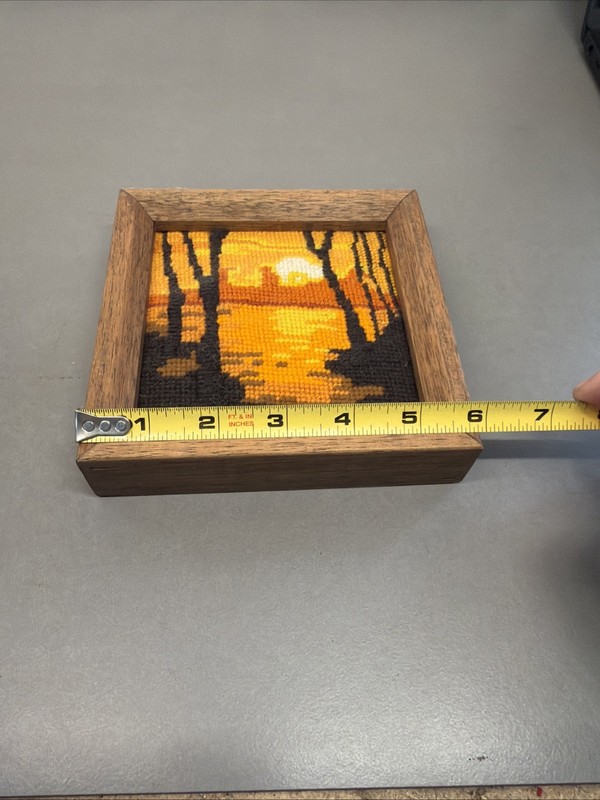 70s Embroidered Sunset Landscape Wall Art – Square Framed Textile Art Bt60 gallery