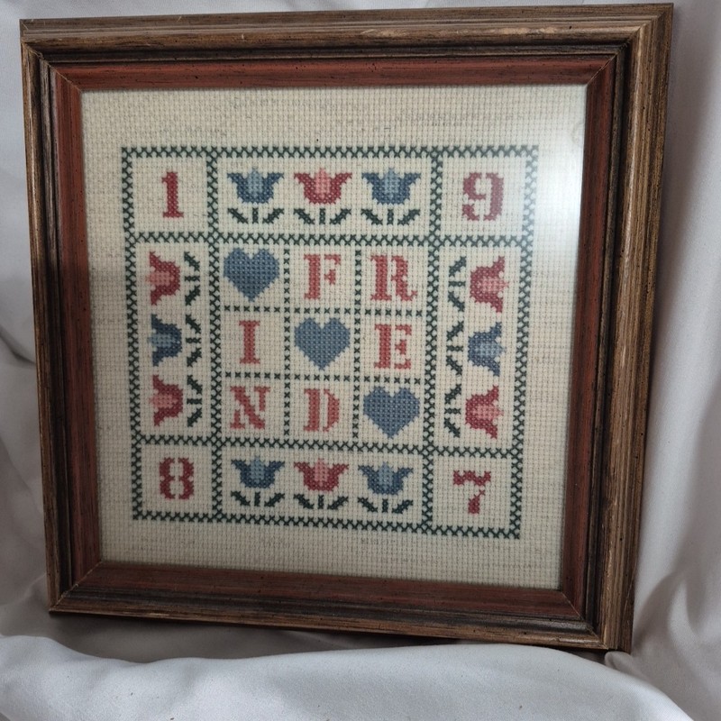 VTG Framed Needlepoint Cross Stitch Friend 1985 floral Design Rustic Handmade