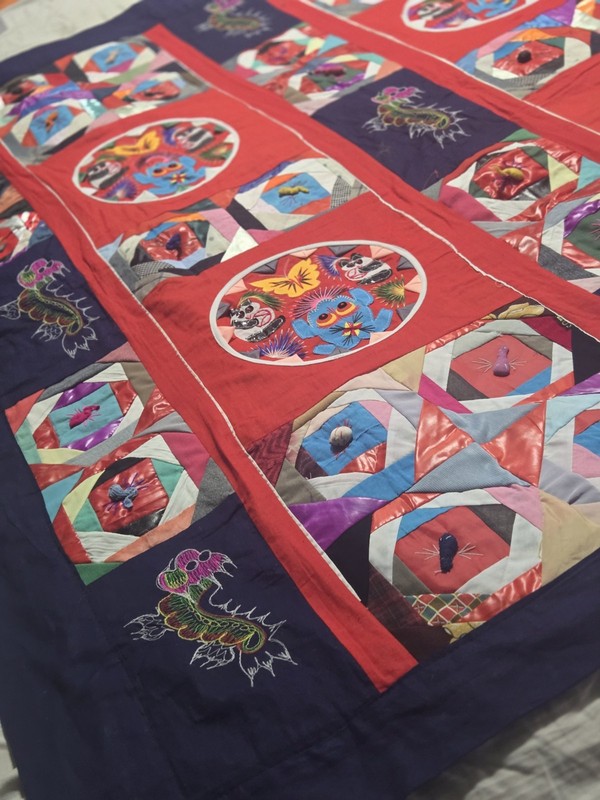 Folk Art Chinese Patchwork Quilt Bai Jia Bei Signed 58.5"x55" gallery