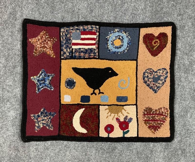 Primitive Hand Hooked Wool Rug Folk Art Crow Flag Hearts Stars 27” x 21”
