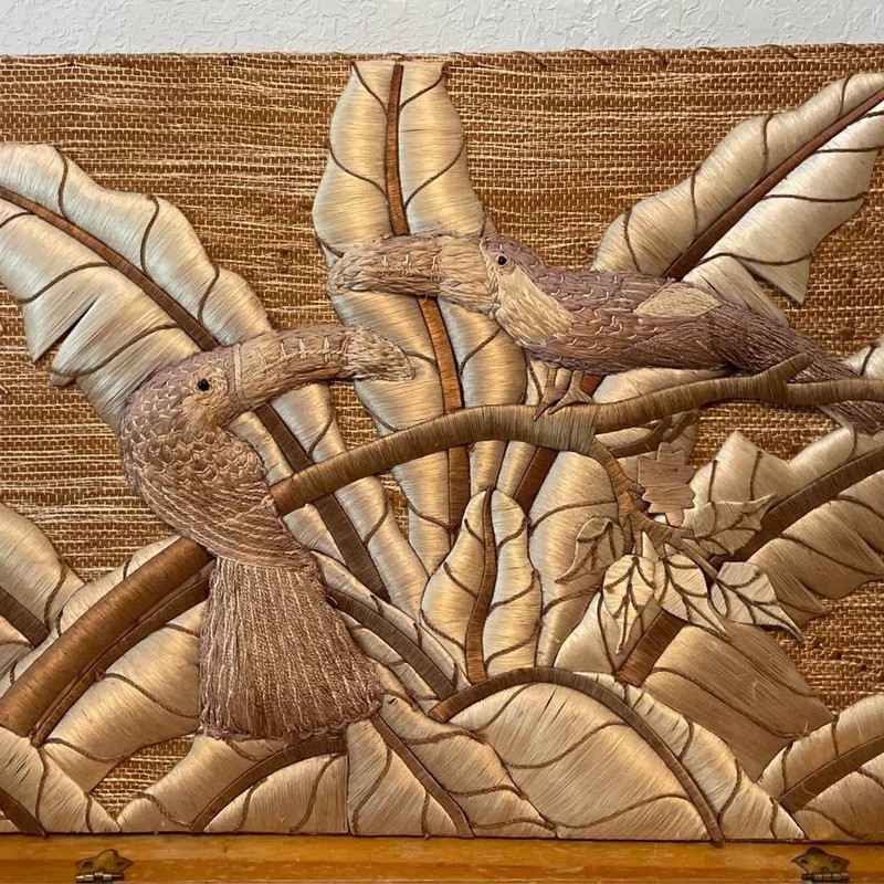 Don Freedman 1993 woven art Tropical Toucans Jute Silk Blend Vintage Decor