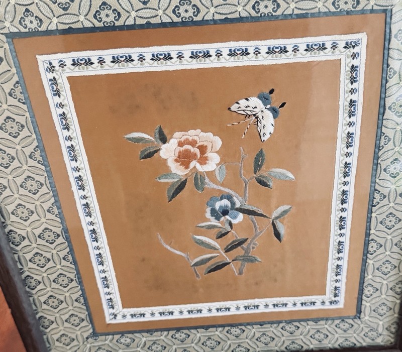 VTG Chinese Silk Embroidered Panel Wall Hanging Flowers Butterfly Framed 12" T gallery