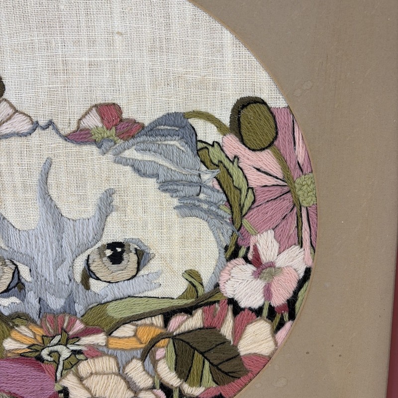 1980s Framed Embroidery Art Cat Flowers Mauve Framed Cottage granny core gallery