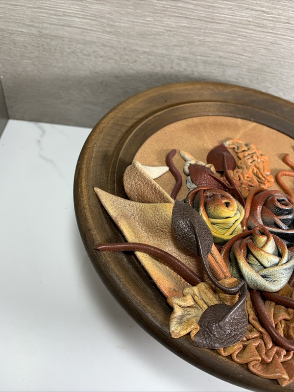 Tooled Leather Flowers Sculpture Art Wooden Wall Plate Vintage 9” Diameter gallery