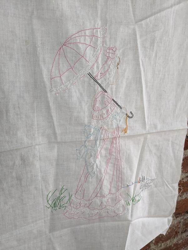 Vintage Homemade Hand Embroidered Woman Walking with a Parasol Umbrella gallery