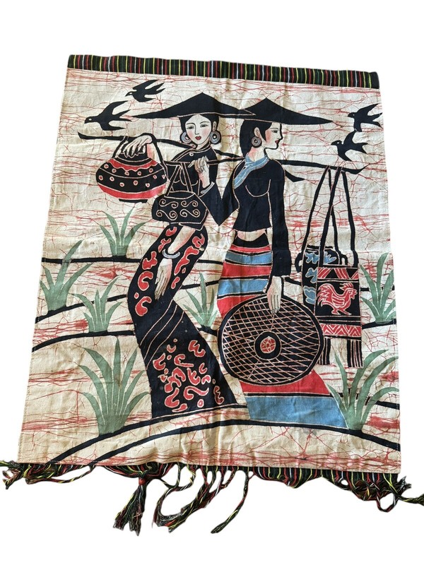 Chinese Tapestry Artwork Picture On Cloth Unframed Small Art Woman & Birds