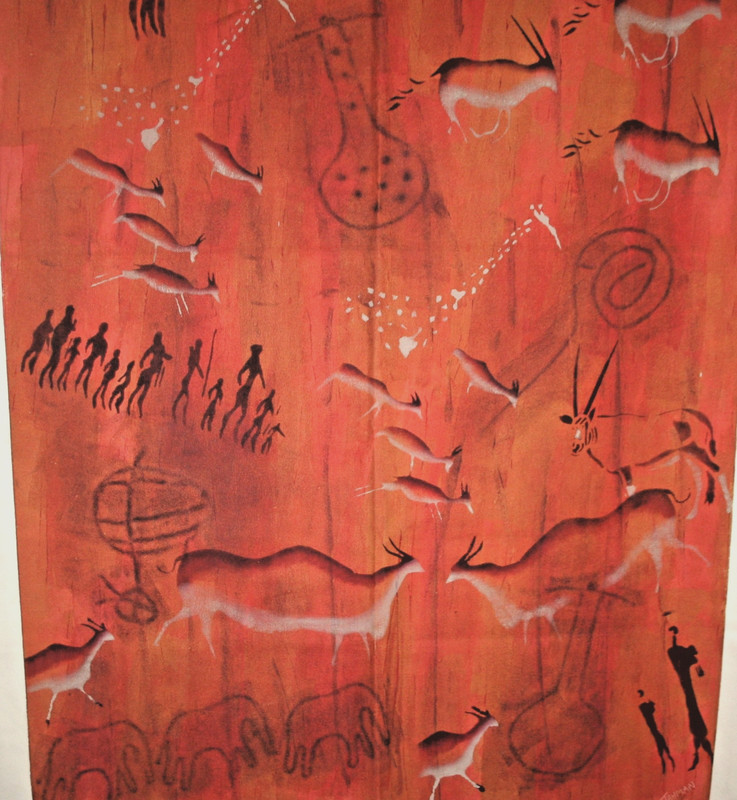 African Bushman Painting Khoisan Rock Art Orig Large Signed Jahman Fabric 69"VTG gallery