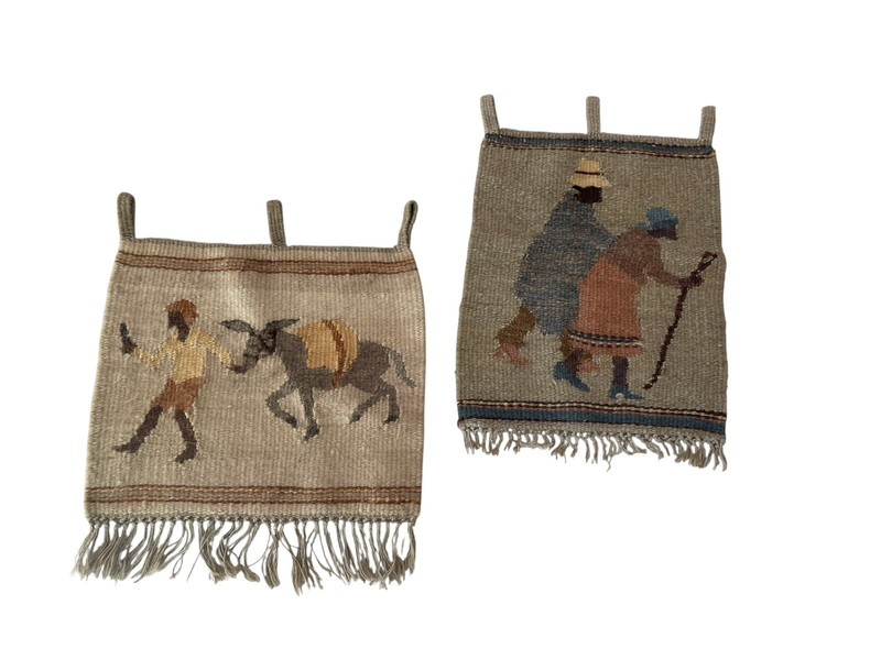 vintage, handwoven wool tapestries depicting scenes of African village life
