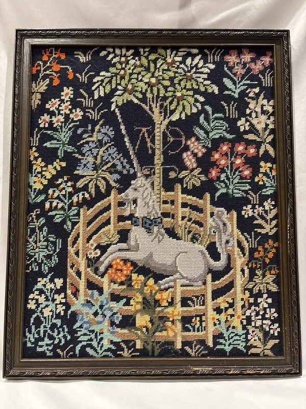 Vintage Unicorn in Captivity Needlepoint Completed Framed Completed 21″ x 27″