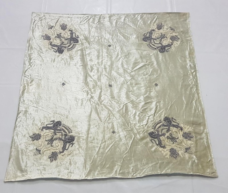 Antique European Velvet Silver Metallic Embroidered Lion Motif Panel 97x96cm