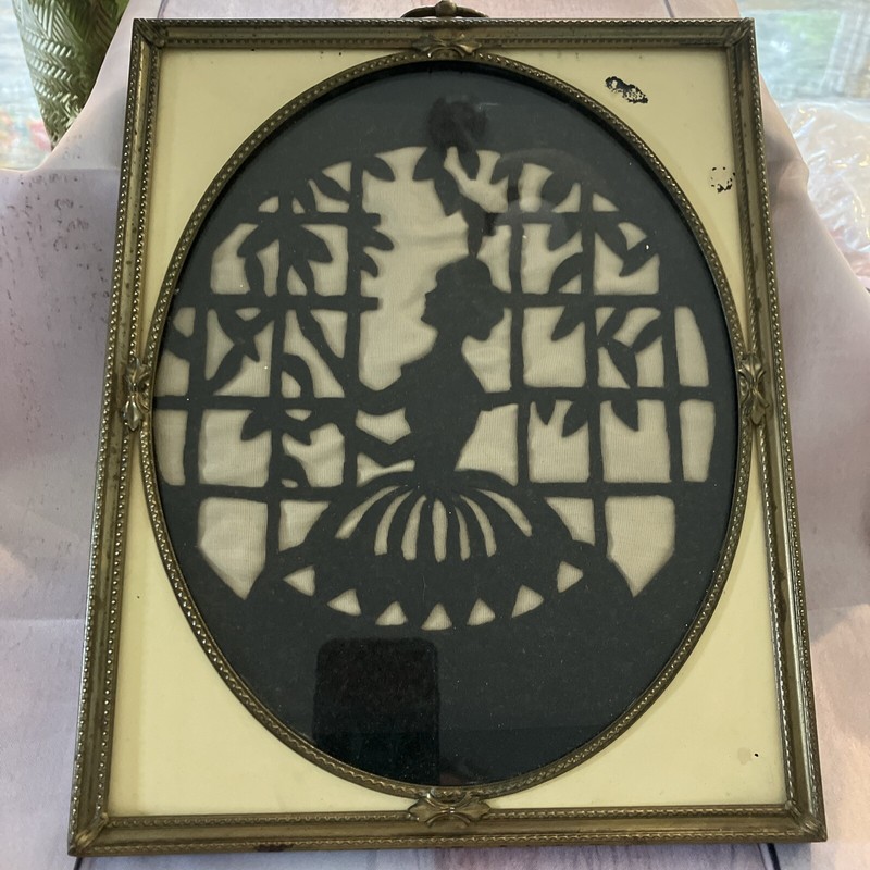 VTG Silhouette Framed Art Fabric (silk) Embroidered (?) Old Frame, Great Look