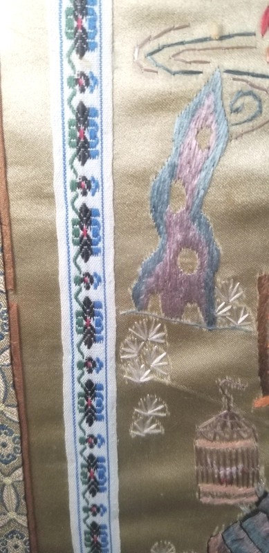 Vintage Asian Silk Embroidered Textile Wall Art Girls With Birds Framed 25"×10" gallery