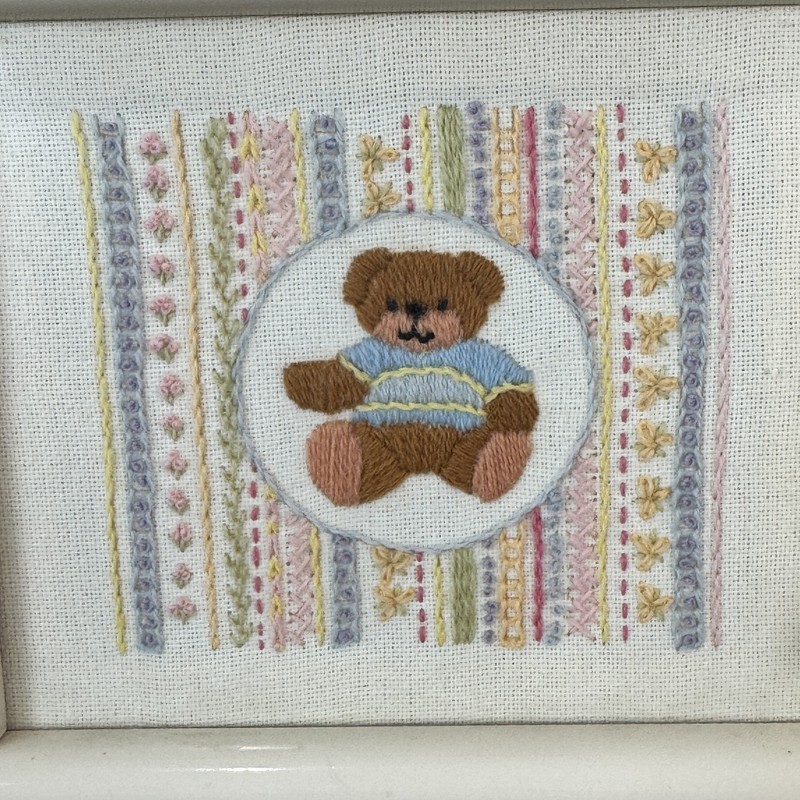 Vintage Framed Teddy Bear Embroidery Art 1985 Handmade Needlepoint Nursery Decor gallery