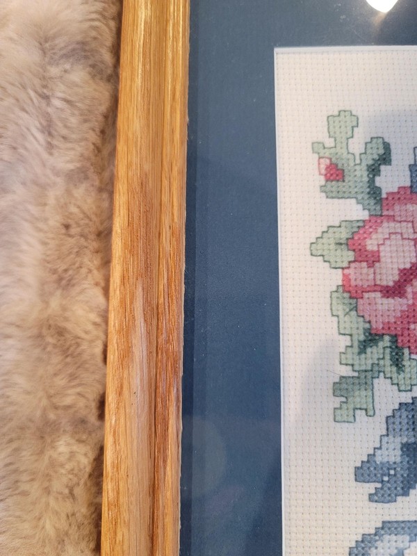 Vintage Handmade Pink Roses and Blue Ribbon Cross-stitch Art in Wood Frame 9x11 gallery