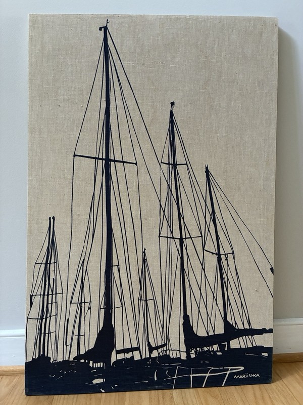 Marushka Signed Large Nautical Sailboats Ships Canvas on Wood Frame