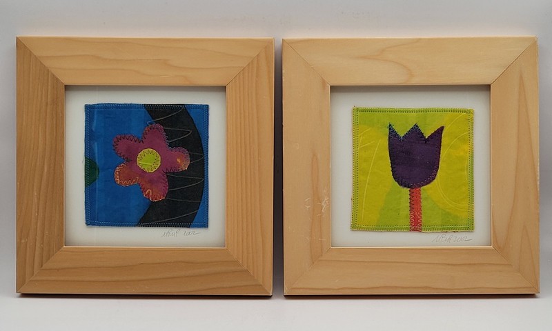 Vtg Pair of Floral Quilted Fabric Textile Art Pieces Natural Wood Frames Signed