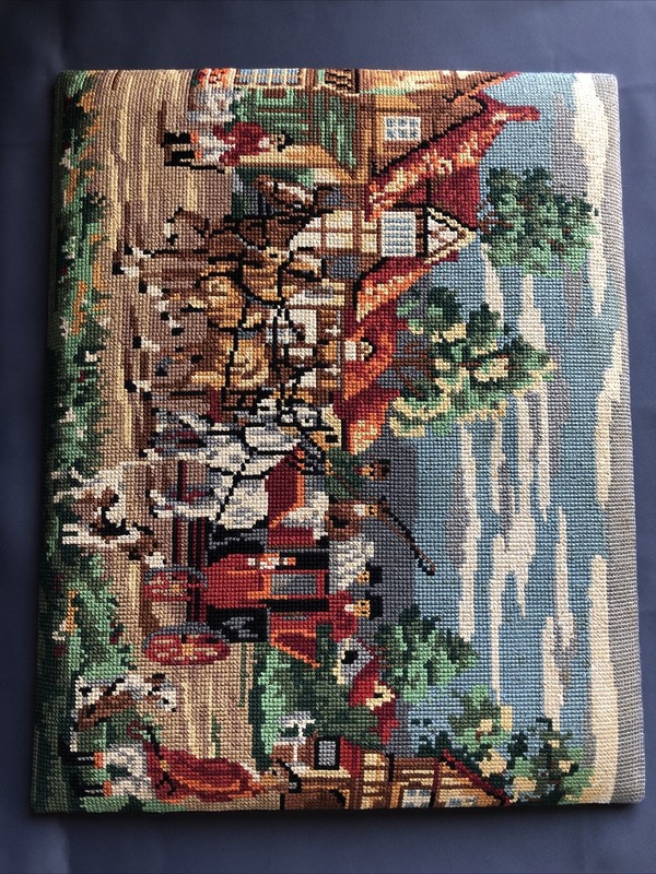 Vintage Needlepoint Padded Canvas Victorian Era Horses Carriage Hunting-READ