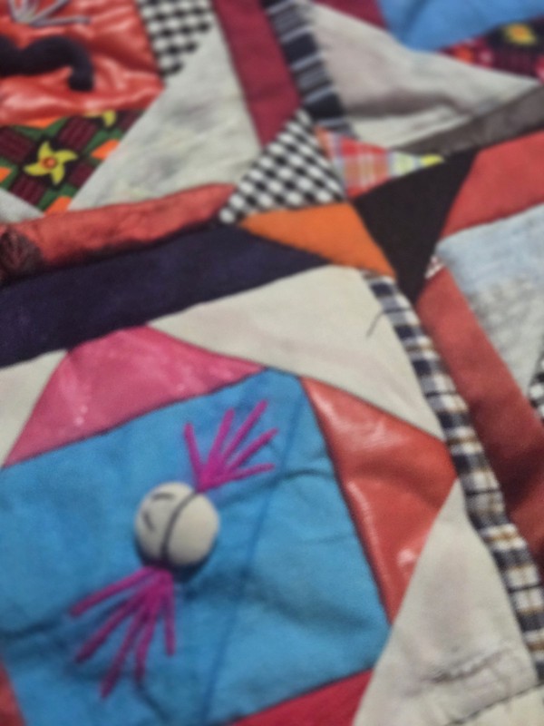Folk Art Chinese Patchwork Quilt Bai Jia Bei Signed 58.5"x55" gallery