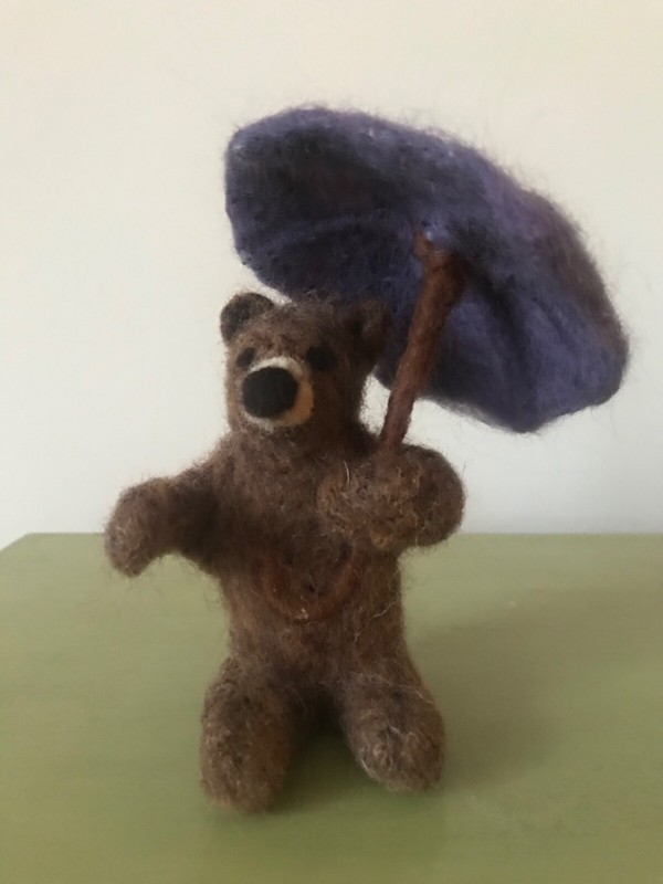 Needle Felted Brown Bear with Umbrella Sculpture - Handmade OOAK - 14cm tall gallery