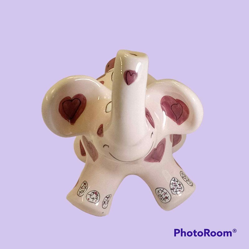 Ganz Ceramic Elephant Coin Piggy Bank Pink Purple Hearts Stars Signed Pati gallery