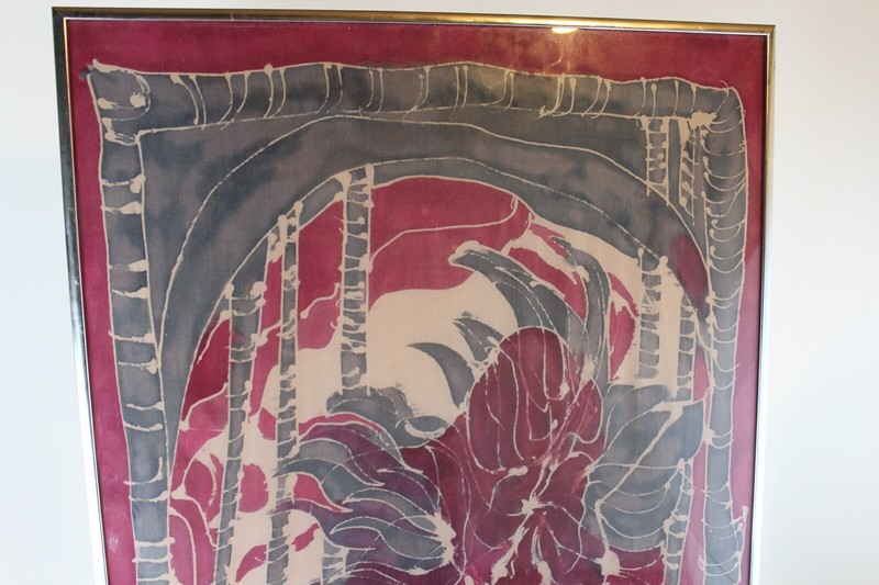 Original Framed Batik Tapestry Art Purple Gray Flowers Floral Designs Large gallery