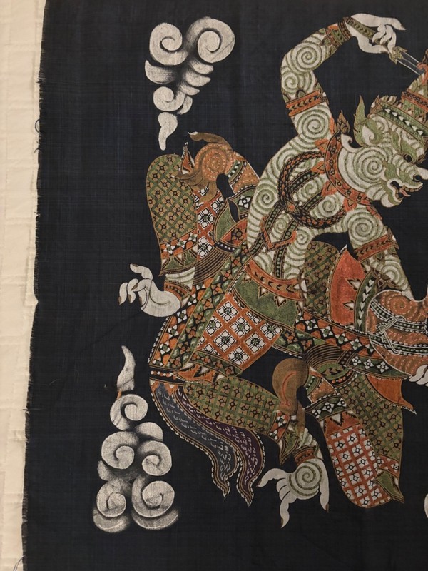 Vintage Painted Silk Thai Tapestry Man/God in Fight with Monkey Handpainted gallery