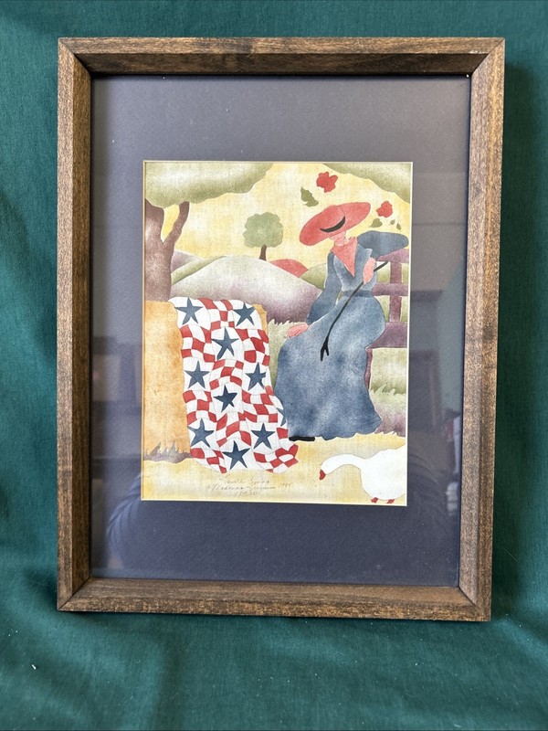 Vintage Framed Stenciled Fabric Art by Madonna Ferguson