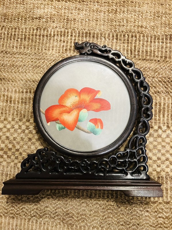 Traditional Chinese Peony Suzhou Double Sided Silk Hand Embroidery Screen w/Case