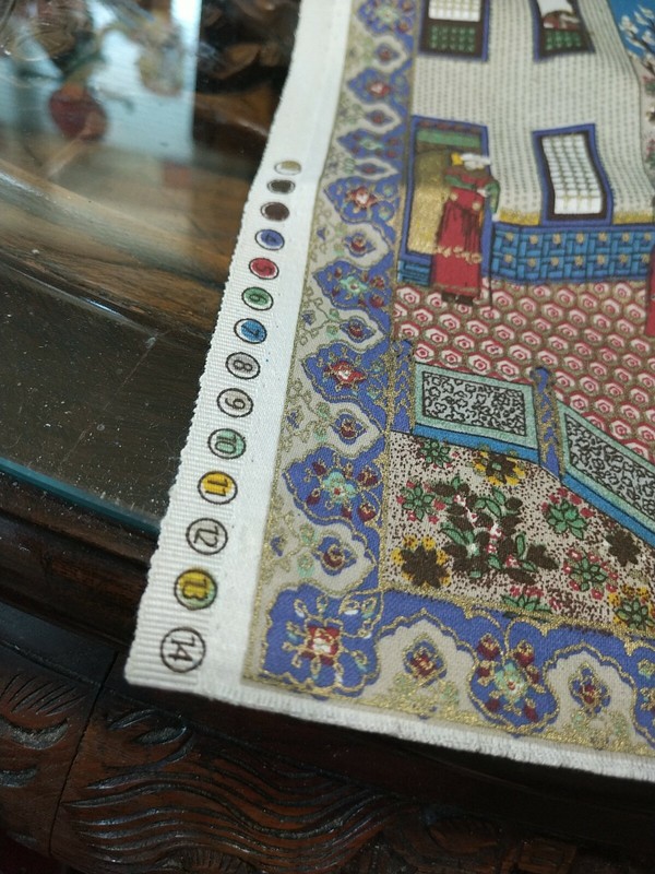 Printed textile cloth. Scene of royalty in India. Hindi gallery