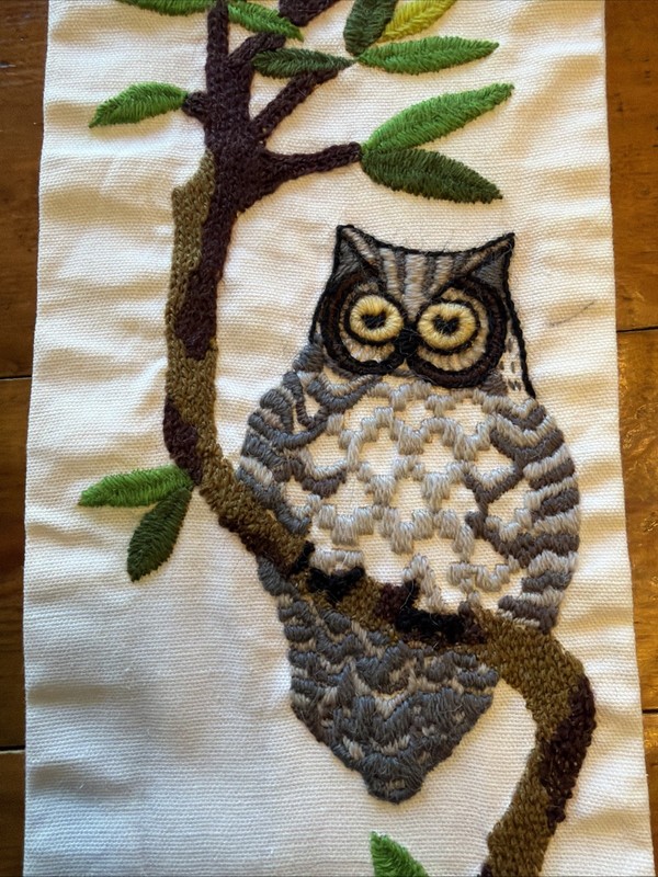 Vintage 70s Mushroom Owl Crewel Bamboo Tree Wall Hanging Embroidery Unique 36x5” gallery