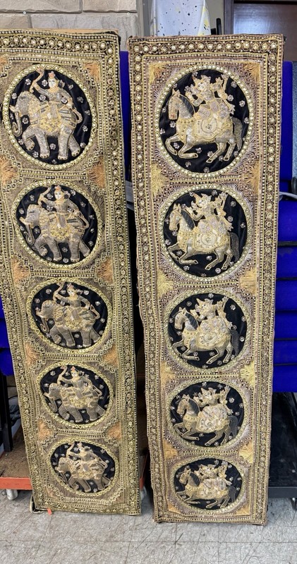 Large 60” Pair Thai Burmese Kalaga Embroidery Panels Gold Thread Sequins gallery