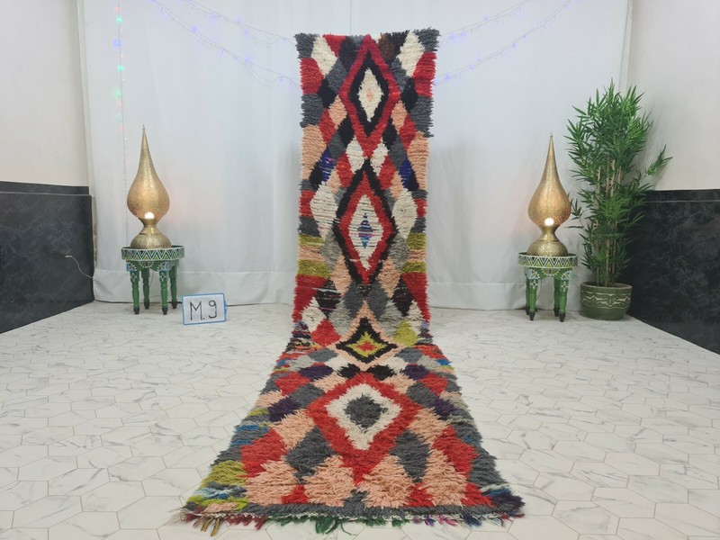 Moroccan Handmade Vintage Runner Rug 2’4″x11’9″Geometric Berber Red Black Carpet
