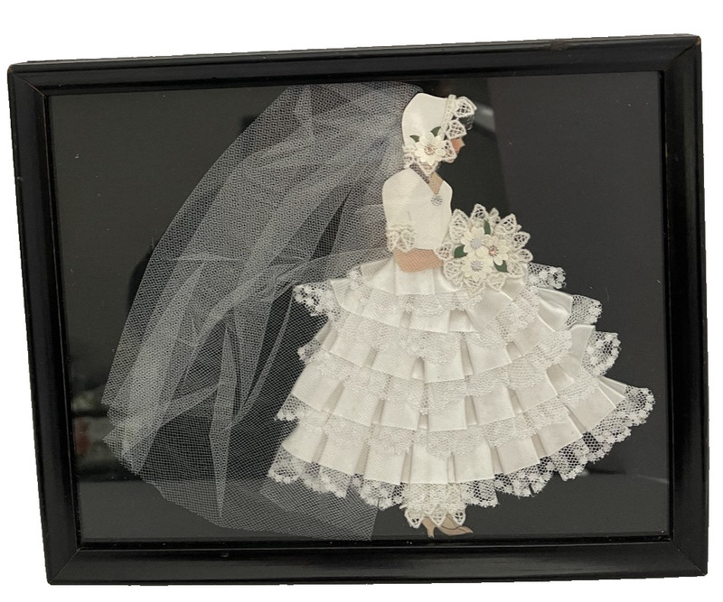 Vintage Ribbon Paper Doll in White Wedding Dress w/Bouquet Framed Artwork T2