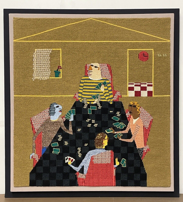 Susan Martin Maffei «The Card Players» Handwoven Tapestry Woolwork Framed 41×38″
