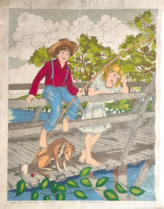 Vintage Good Ol Days Textile Print Kids Fishing Americana Fabric Art USA 1960s