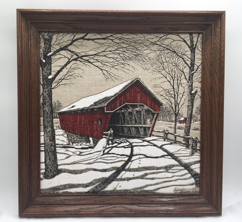 Vtg Warren Boucher 1960’s Red New England Covered Bridge Linen Hand Printed EUC