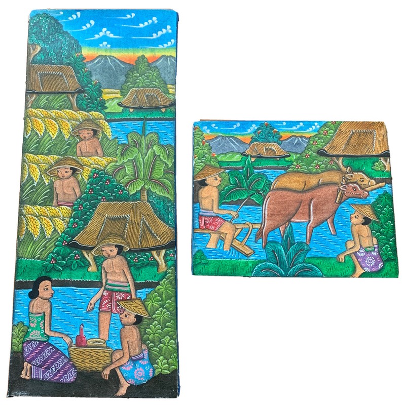 2 Vintage Original Paintings On Cloth Balinese Lempir Panestanan Folk Art