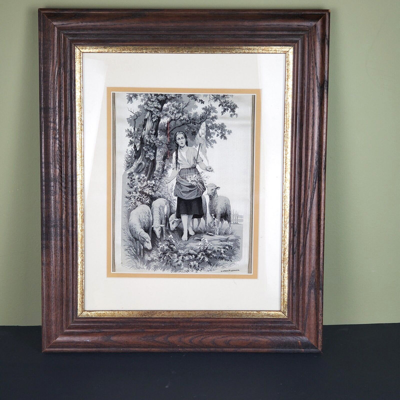 D’Apres F Lematte Woven Silk Tapestry Solid Wood Frame Gold Trim Girl & Sheep