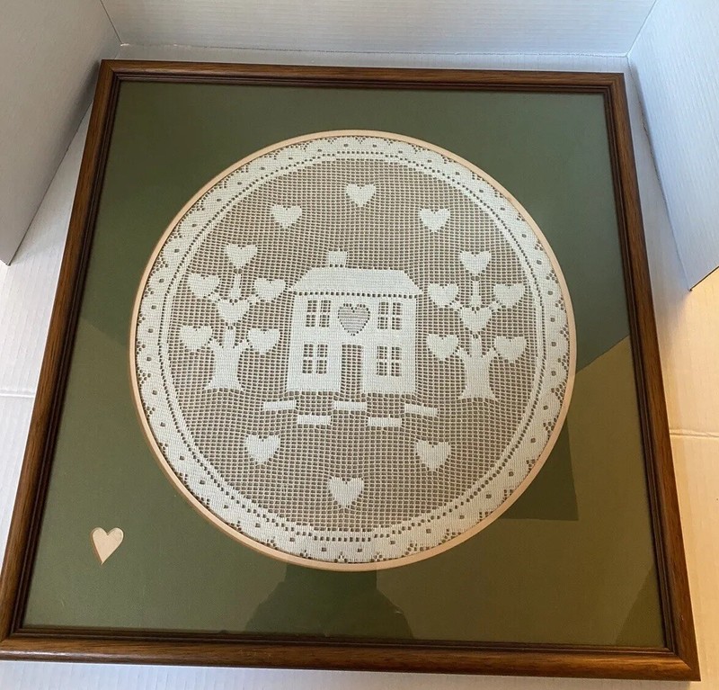Lace Dollie Home Hearts Custom Double Matted Framed Ivory Green Handmade 19”x19”