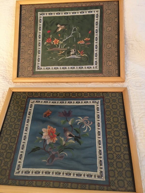 2 Silk thread embroidered works of art framed      9 1/4 x 11 3/4.