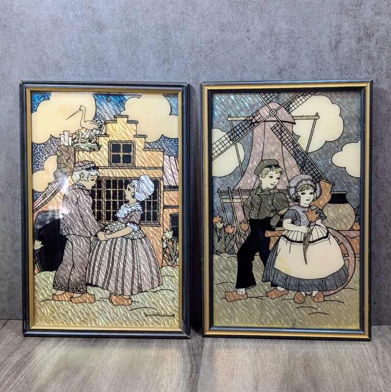 Vtg Set Framed Smith Fredrick Foil "Butterfly Affect" Dutch Couple Holland '20's