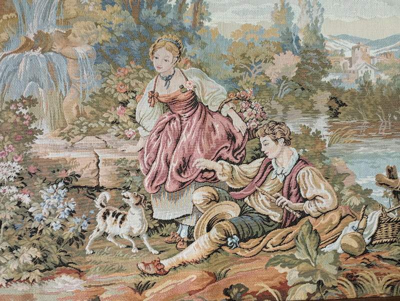 Italian Tapestry Romantic Wall Hanging Outdoor Scene Man Woman Cherub Dog Castle gallery