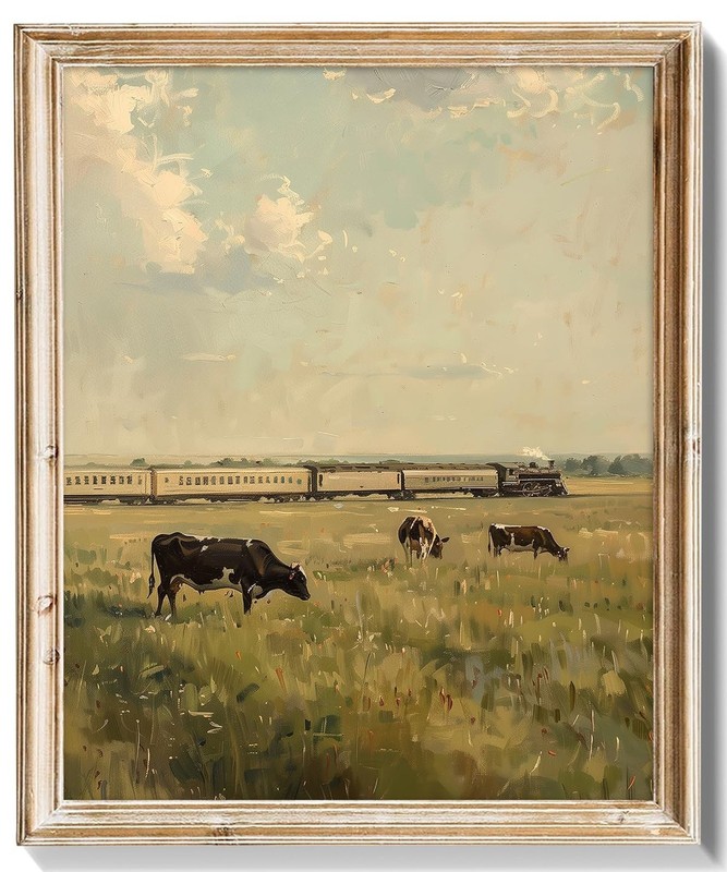 RETRART Vintage Farm Landscape Wall Art with Grazing Cows & Steam Train, Unfr…
