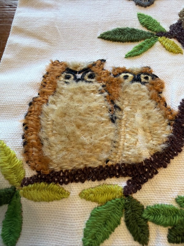 Vintage 70s Mushroom Owl Crewel Bamboo Tree Wall Hanging Embroidery Unique 36x5” gallery