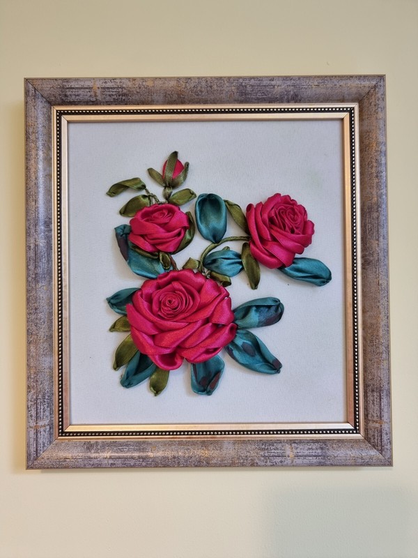 MEDIUM HANDMADE – Roses – 3D silk ribbon embroidery – art – picture