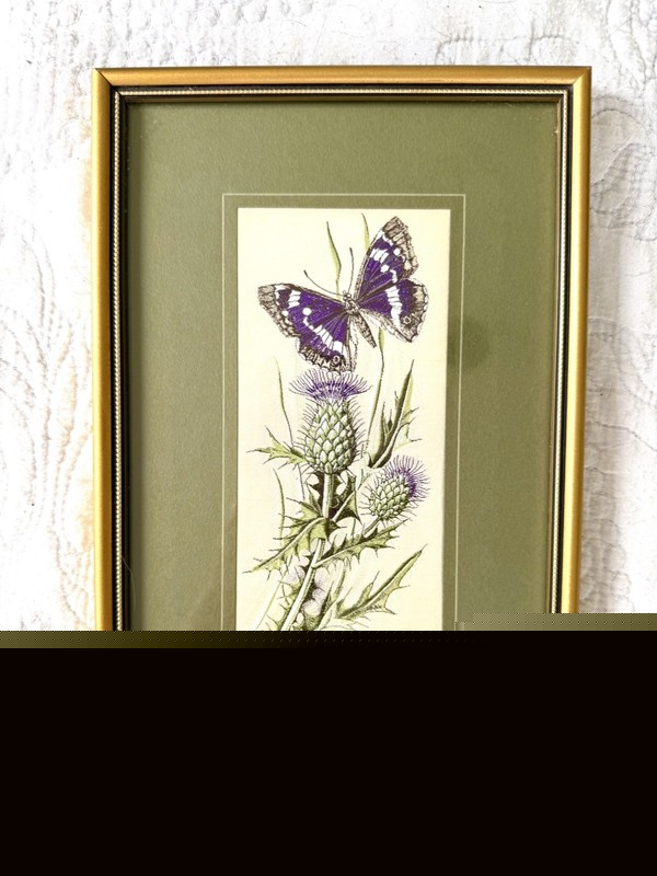 Vintage 1970s Cashs Framed Woven Silk Picture, Purple Emperor and Spear Thistle