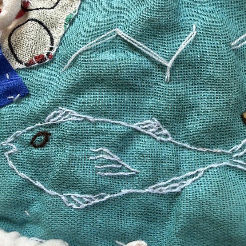 Vintage Folk Art Textile Beach Scene Wall Hanging 19”x19” gallery