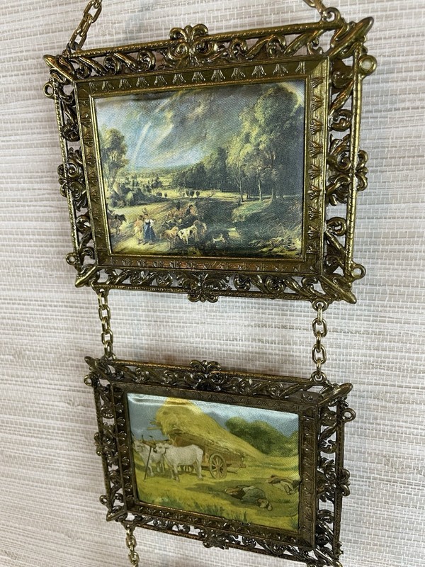 Vintage Italian silk prints brass frames 3 tier wall art Florentine baroque