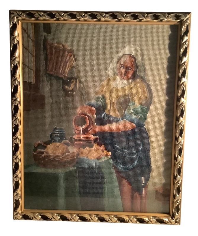 Vintage Johannes Vermeer The Milkmaid Tapestry Embroidery In Heavy Brass Frame