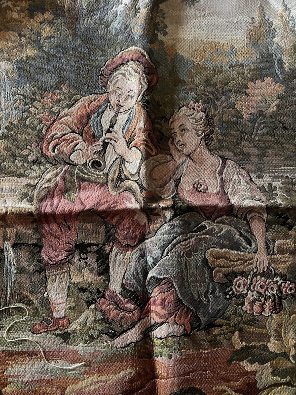 Vintage Italian Tapestry Square Man Playing Music For Seated Woman 19” gallery